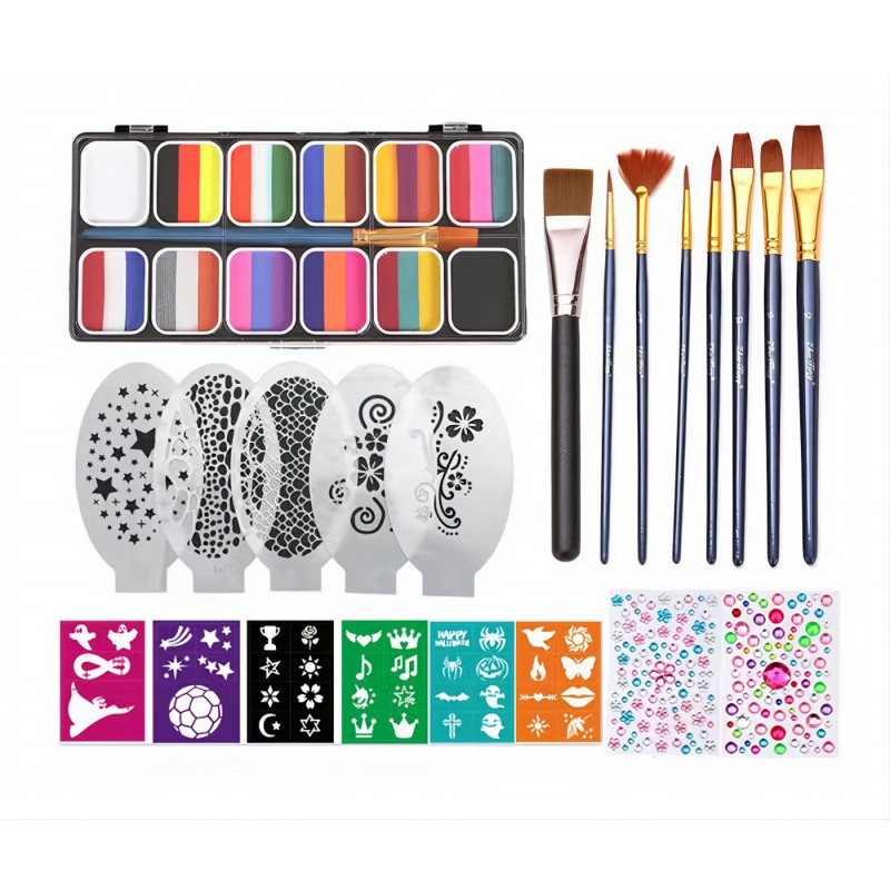 Velká sada trojitých barev na obličej s nálepkami a doplňky 35ks