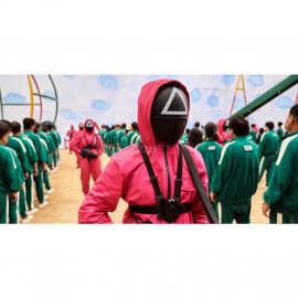 Kostým Squid game - Hra na oliheň Strážce s maskou a rukavicemi M Kostým Squid game - Hra na oliheň Strážce s maskou a rukavicemi M