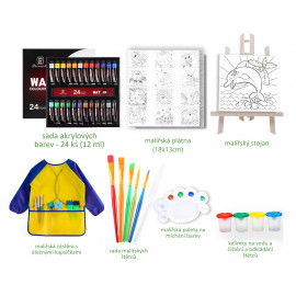 Maxi dětská malířská sada Akrylové barvy se zástěrou a doplňky 49ks