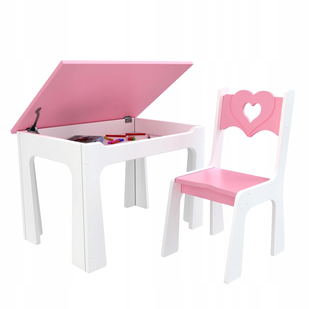 Dětský stůl s úložným prostorem a židlí Srdce - růžové