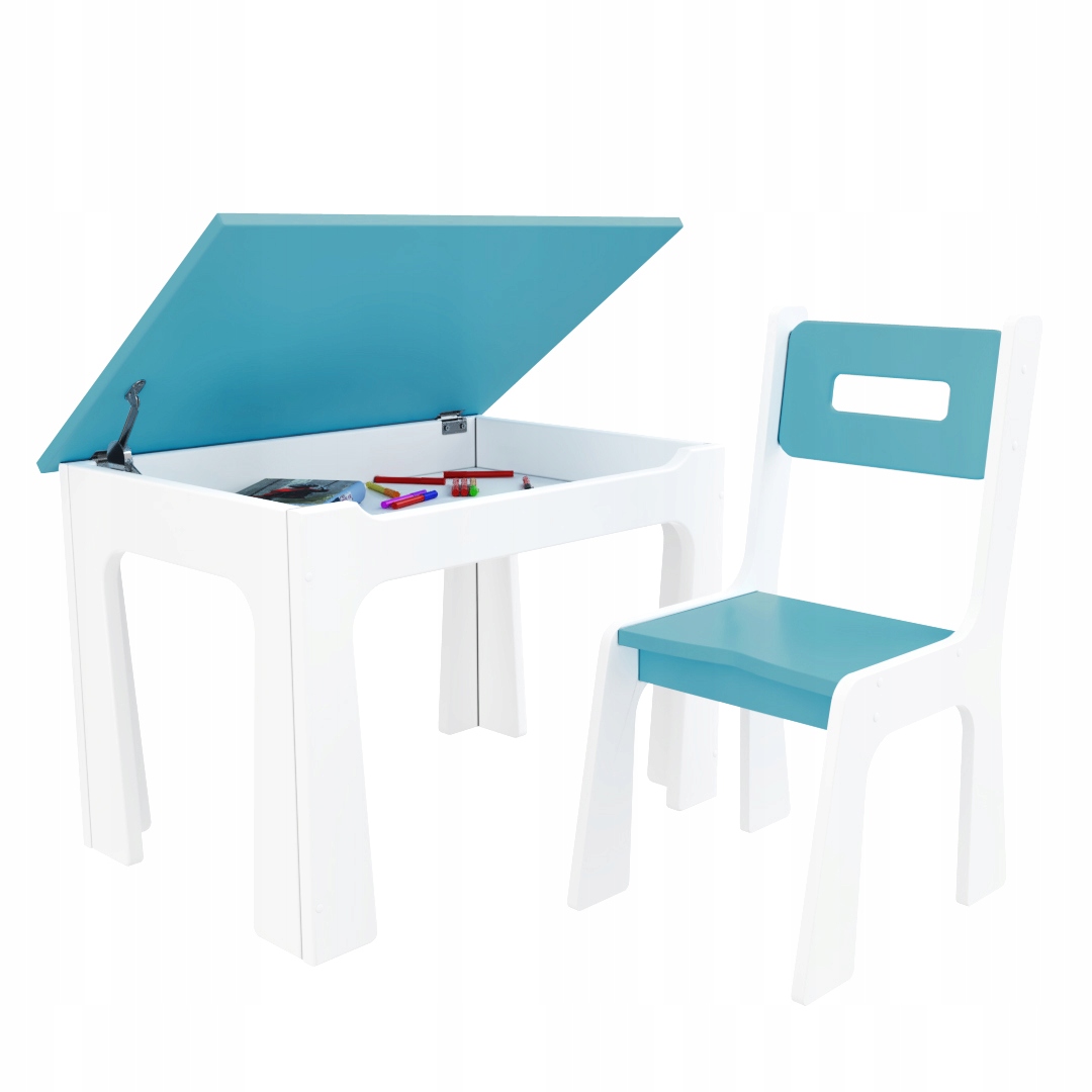 Dětský stůl s úložným prostorem a židlí modro-bílý