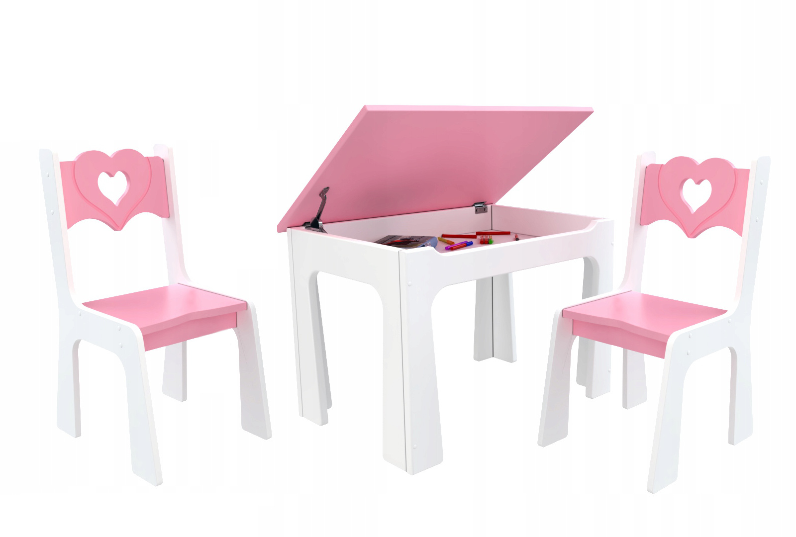 Dětský stůl s úložným prostorem a židlemi Srdce - růžové
