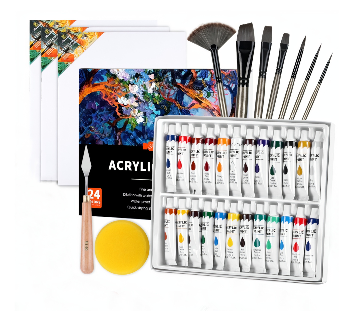 Velká malířská sada Akrylové barvy s plátny a doplňky 36ks