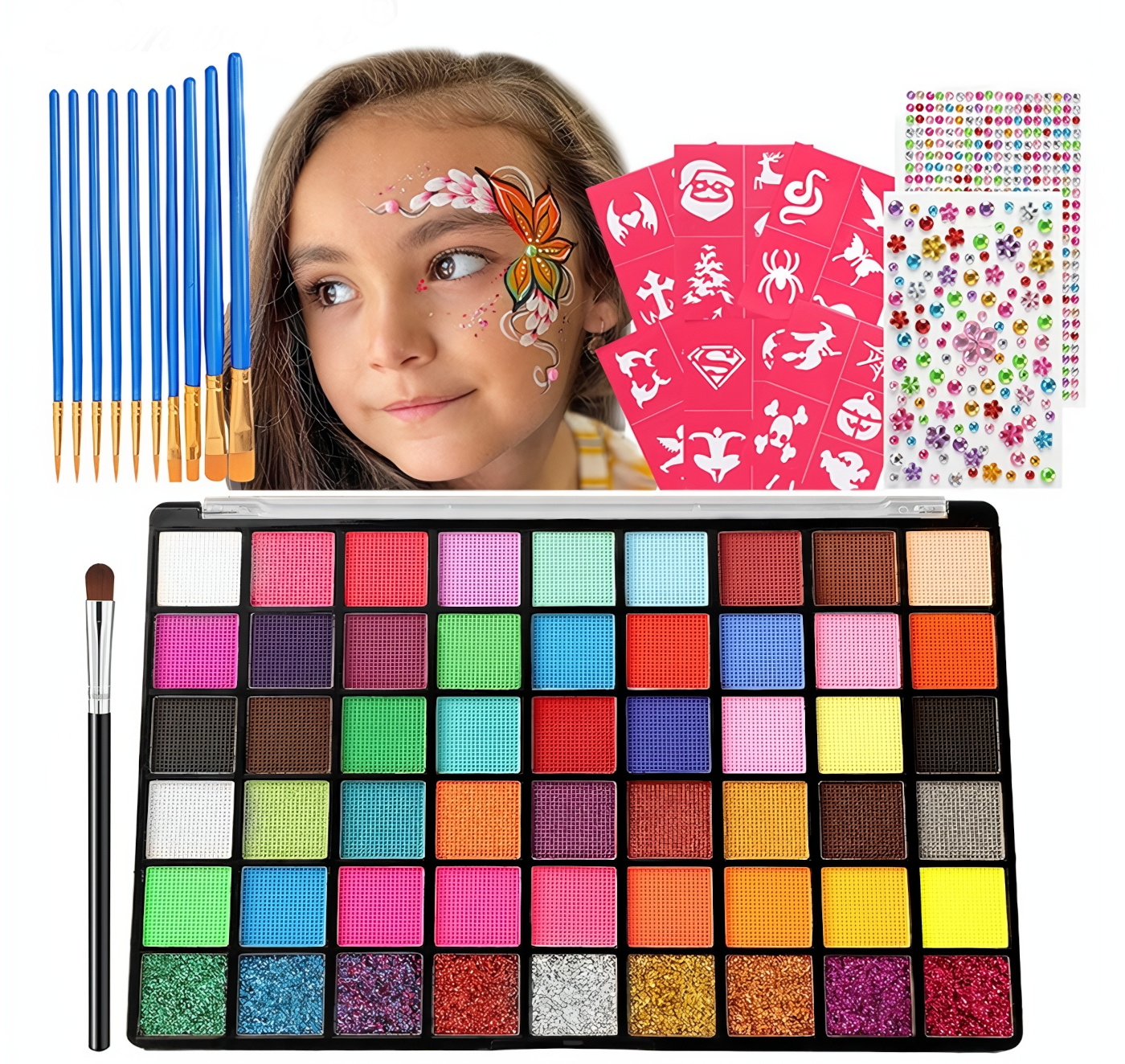 Dětská karnevalová sada barev na tělo a obličej s kamínky 54 barev